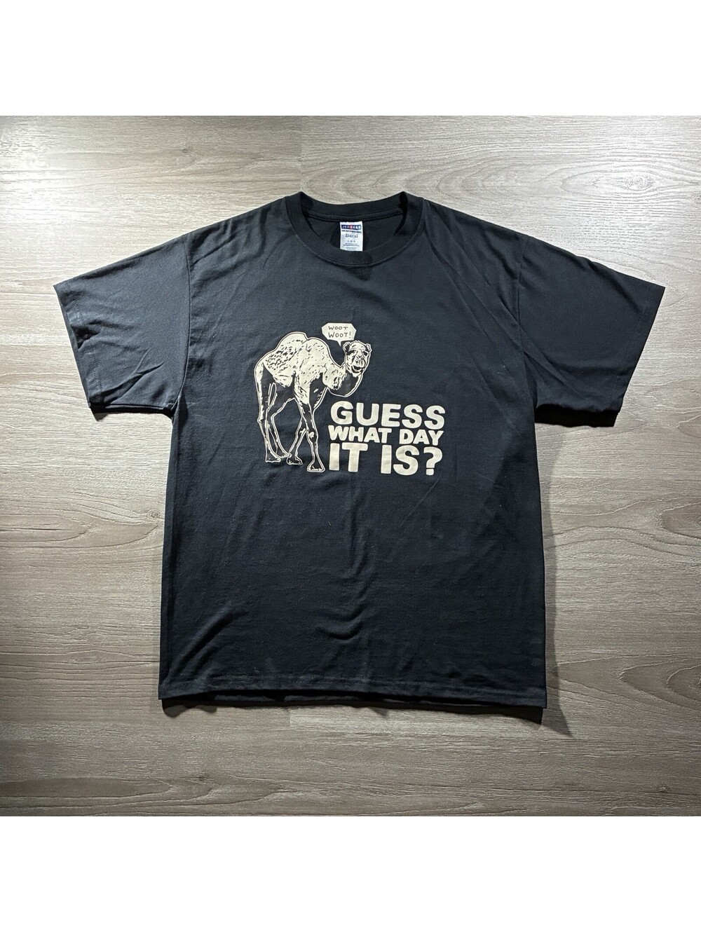 "Guess What Day It Is?" Funny Hump Day Camel Graphic Tee Men’s L Humor Novelty